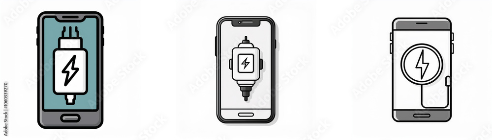 Three smartphone illustrations show different charging methods. Three smartphone illustrations show different charging methods.