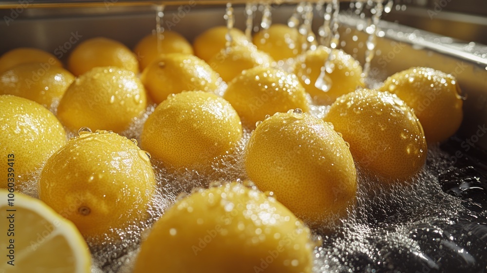 Fresh lemons being washed in a sink with water. Fresh lemons being washed in a sink with water.
