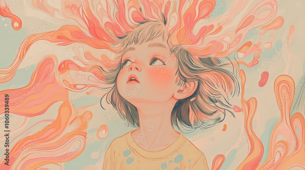Dreamlike imagination: child surrounded by whimsical swirls and vivid colors Dreamlike imagination: child surrounded by whimsical swirls and vivid colors