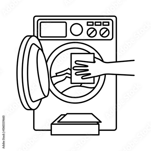 Laundry detergent sheets in hand and washer, icon in thin line