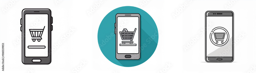 Three smartphone icons with a shopping cart inside the screen. Three smartphone icons with a shopping cart inside the screen.