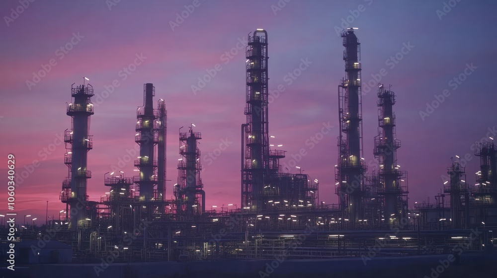 Fototapeta premium Oil refinery plant at sunset, glowing lights illuminating the massive industrial complex against the sky