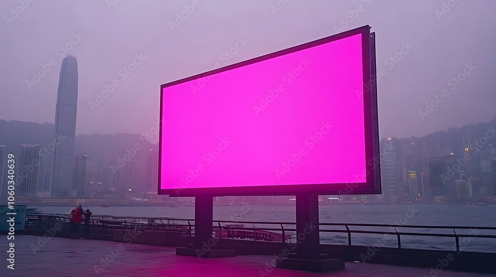 A large blank pink billboard stands against a hazy city skyline by the water. A large blank pink billboard stands against a hazy city skyline by the water.