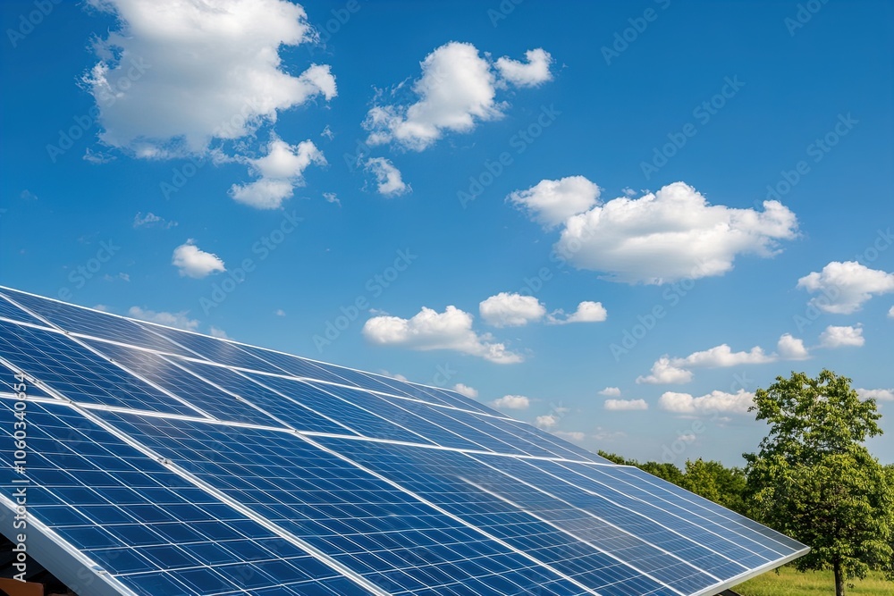 Solar Panels on a Rooftop Under a Bright Blue Sky With Scattered Clouds During the Afternoon Solar Panels on a Rooftop Under a Bright Blue Sky With Scattered Clouds During the Afternoon