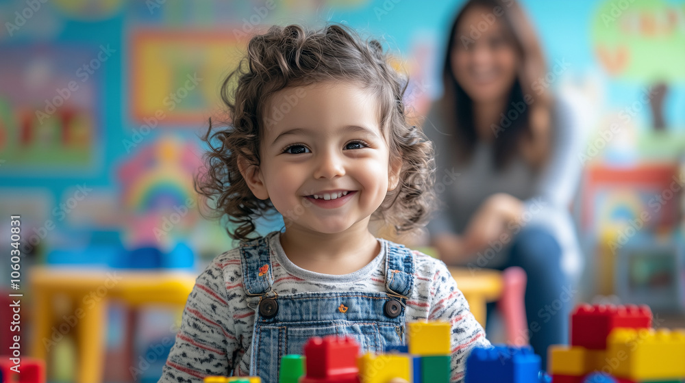 Smiling Toddler With Curly Hair Playing With Colorful Building Blocks In A Vibrant Playroom Smiling Toddler With Curly Hair Playing With Colorful Building Blocks In A Vibrant Playroom