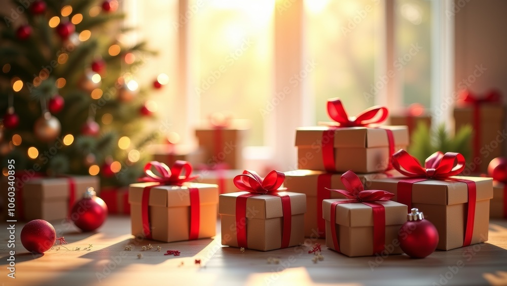 Obraz premium Festively Wrapped Christmas Presents Arranged Near a Decorated Tree in a Cozy Living Room During the Holiday Season