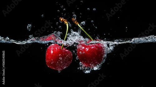 Fresh cherries splashing in water against a black background