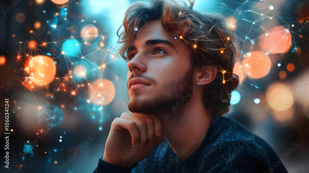 Man with Bokeh Lights and Lines - Illustration Man with Bokeh Lights and Lines - Illustration