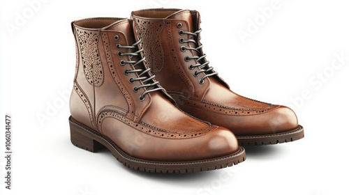 High-quality 3D render of a pair of leather boots, featuring intricate and detailed stitching. , highlighting the craftsmanship and texture of the leather on solid background