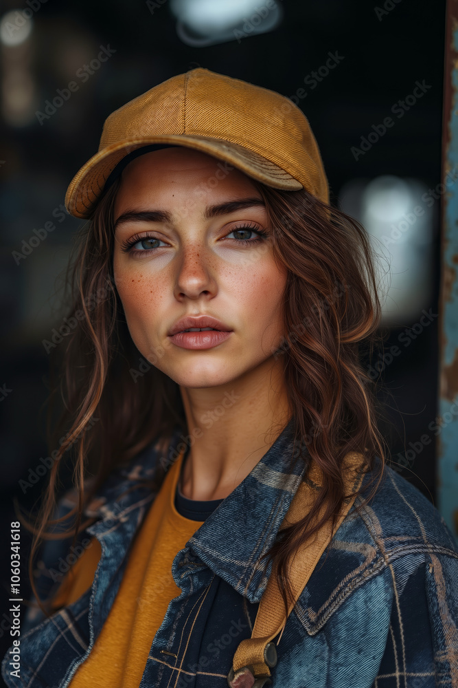 A woman wearing a yellow hat and a denim jacket A woman wearing a yellow hat and a denim jacket