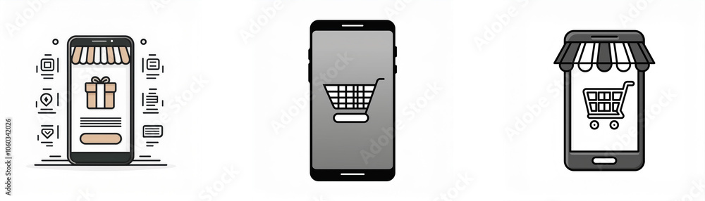 Three different designs of smartphones showcasing different aspects of online shopping.