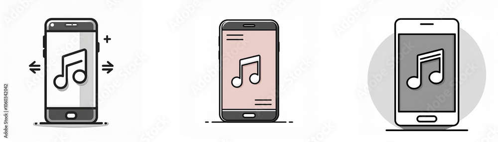 Three illustrations of a smartphone with a music note icon on the screen. Three illustrations of a smartphone with a music note icon on the screen.