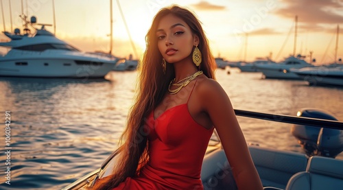 Une jeune fille brune aux cheveux longs dans une robe rouge assise sur le capot d'un bateau, portant un collier et des boucles d'oreilles en or, avec un coucher de soleil sur la mer en arrière-plan. photo