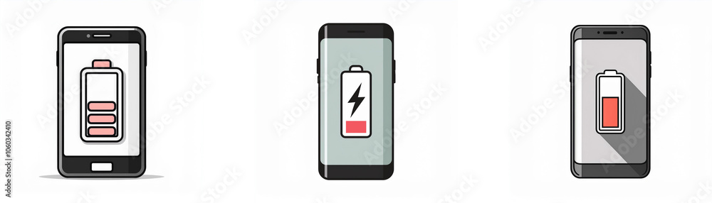 Three smartphones with different battery levels. Three smartphones with different battery levels.