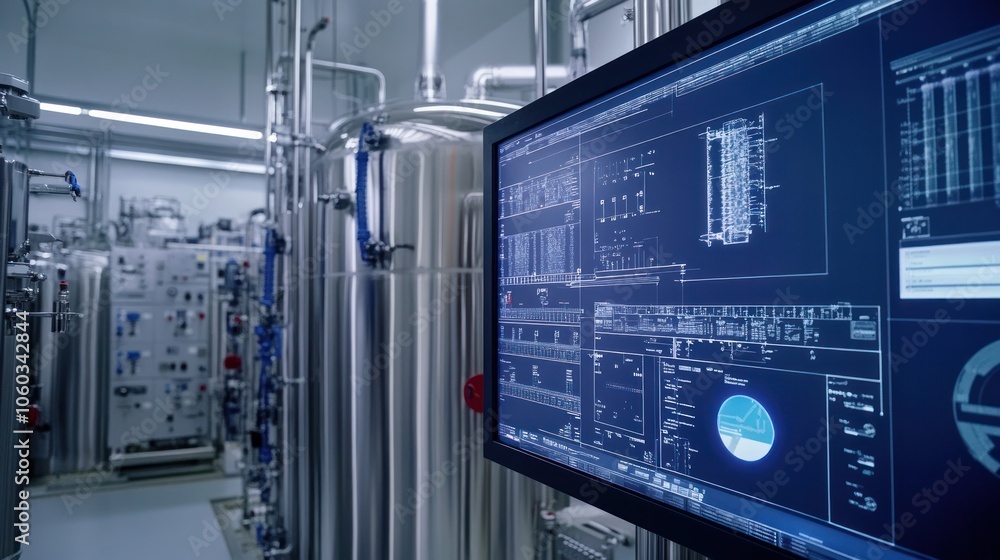 Obraz premium Gas processing facility with digital monitoring systems, showcasing a futuristic and clean industrial setup