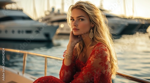 Femme blonde magnifique, âgée de 25 ans, en robe de dentelle rouge sur un yacht, portant un collier et des boucles d'oreilles en or, entourée de bateaux de luxe dans un port au coucher du soleil. photo