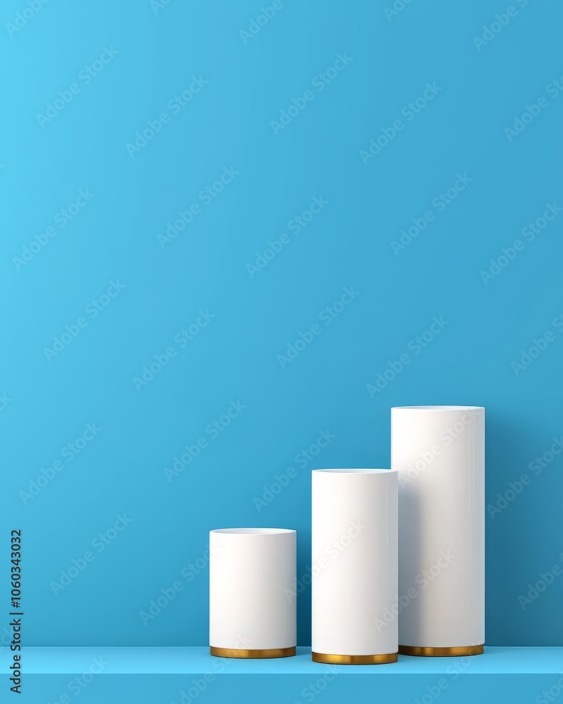 Three white cylindrical objects with gold bases on a blue background. Three white cylindrical objects with gold bases on a blue background.