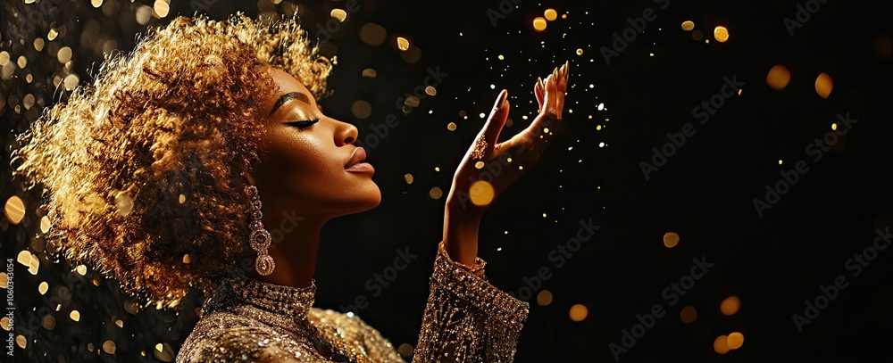 Fototapeta premium An enchanting banner featuring an African American woman with curly hair, adorned in golden jewelry and pearls, reaching out towards the viewer against a backdrop of swirling gold dust
