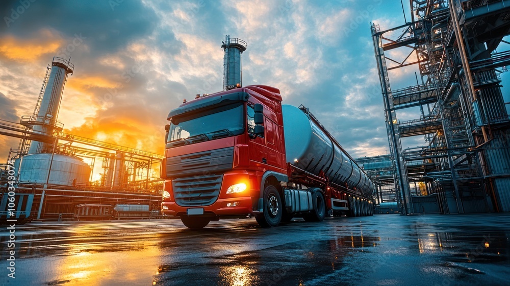 Fototapeta premium Fuel tanker loading at a high-tech processing plant, ensuring efficient logistics and fuel transport