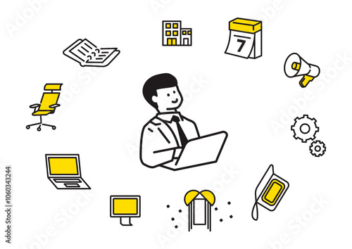 A man with a laptop and an icon set