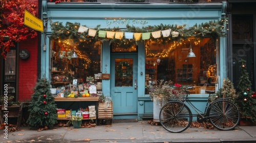 eco-friendly storefront, colorful shop with green monday banners, featuring eco-friendly products and gift discounts for the holidays