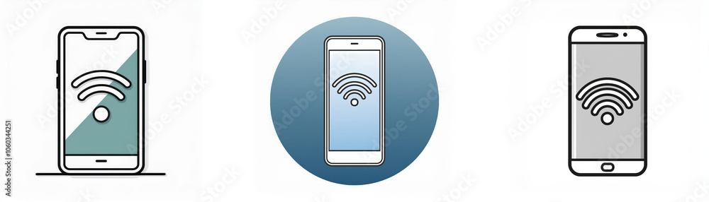 Three illustrations of a smartphone displaying a wireless network icon. Three illustrations of a smartphone displaying a wireless network icon.