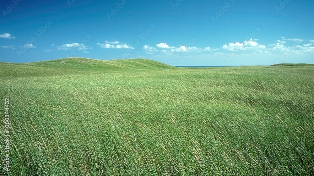 A field of tall grass sways gently in the wind beneath a clear blue sky A field of tall grass sways gently in the wind beneath a clear blue sky