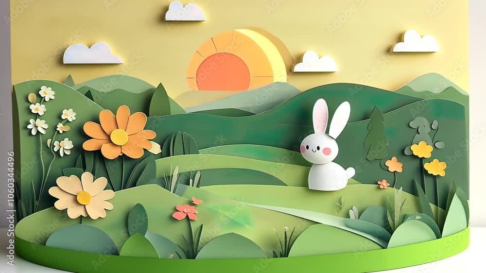 Loopin Rabit Paper cut out of a white rabbit with a green hills and sky scene behind ...