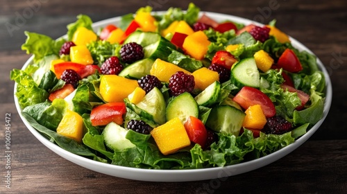 Fresh salad with mango, cucumber, tomatoes, and blackberries.