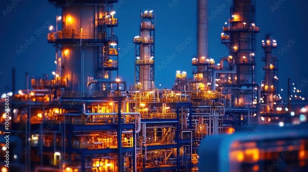 Bright lights illuminating a refinery at night, showcasing efficient fuel processing operations Bright lights illuminating a refinery at night, showcasing efficient fuel processing operations