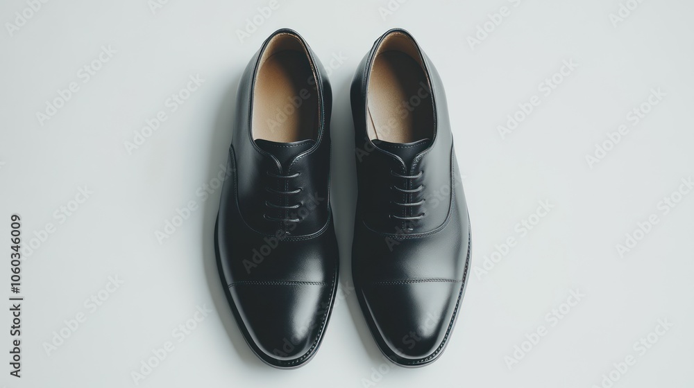 A pair of black leather lace-up dress shoes on a white background. A pair of black leather lace-up dress shoes on a white background.