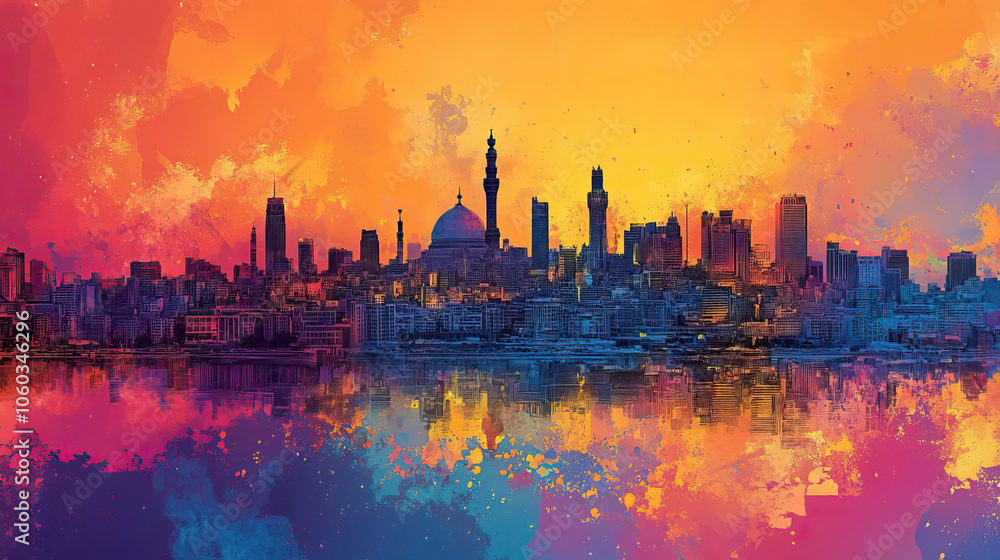 Naklejka premium Cairo, Egypt, Pop Art style theme print. Cityscape, city skyline.Vibrant, bright, modern, trendy, graphic designed for poster, card, wallpaper