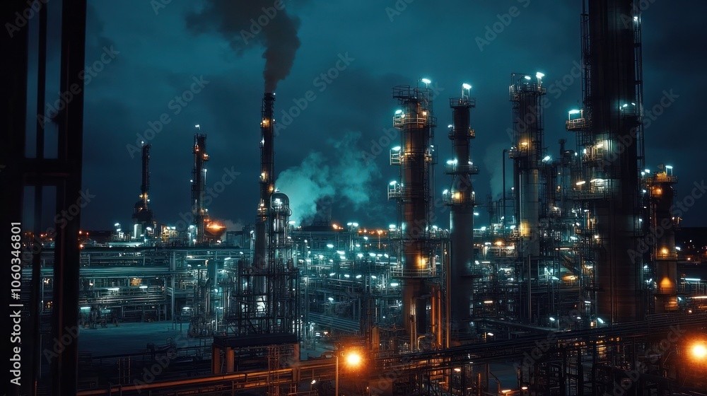 Fototapeta premium A refinery illuminated at night, with bright lights highlighting the complex and efficient fuel processing system