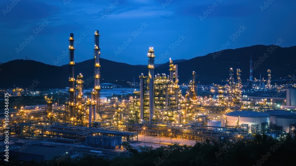 Obraz premium A refinery illuminated at night, with bright lights highlighting the complex and efficient fuel processing system