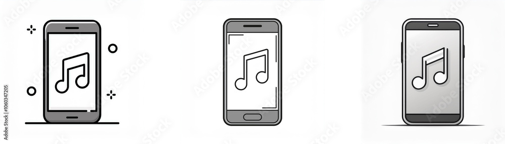 Three grey smartphone illustrations, each with a music note symbol on the screen. Three grey smartphone illustrations, each with a music note symbol on the screen.