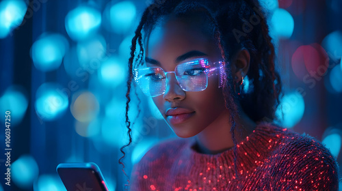 Woman with LED Glasses and ...