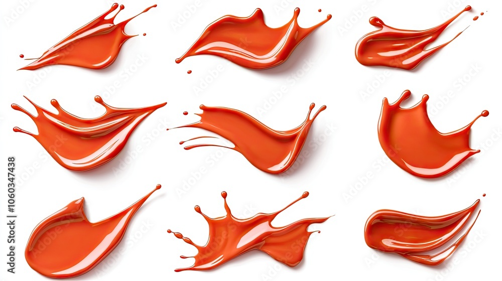Artistic splashes of ketchup and tomato sauce create vibrant red organic shapes on a white background for creative design and decoration Artistic splashes of ketchup and tomato sauce create vibrant red organic shapes on a white background for creative design and decoration