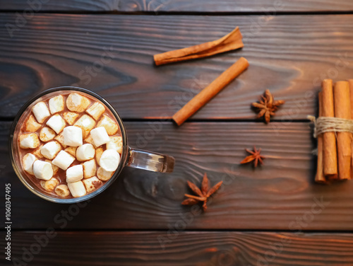 Glass mug of sweet spicy cocoa with marshmallow on dark wooden table. Hot chocolate with cinnamon on rustic background. Winter drinks, dessert, coffee shot menu concept