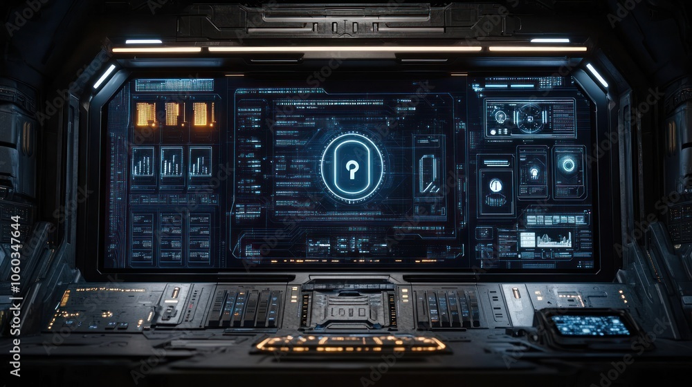 Futuristic control panel with a glowing blue key icon on a large screen. Futuristic control panel with a glowing blue key icon on a large screen.