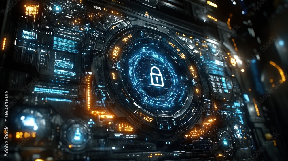 Futuristic digital interface with a glowing padlock icon. Futuristic digital interface with a glowing padlock icon.
