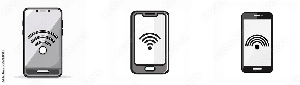 Three smartphones with different styles of wifi symbol displayed on their screens. Three smartphones with different styles of wifi symbol displayed on their screens.