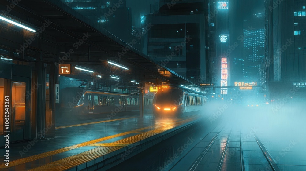 Futuristic Cityscape with Glowing Trains in Neon-Lit Station Futuristic Cityscape with Glowing Trains in Neon-Lit Station