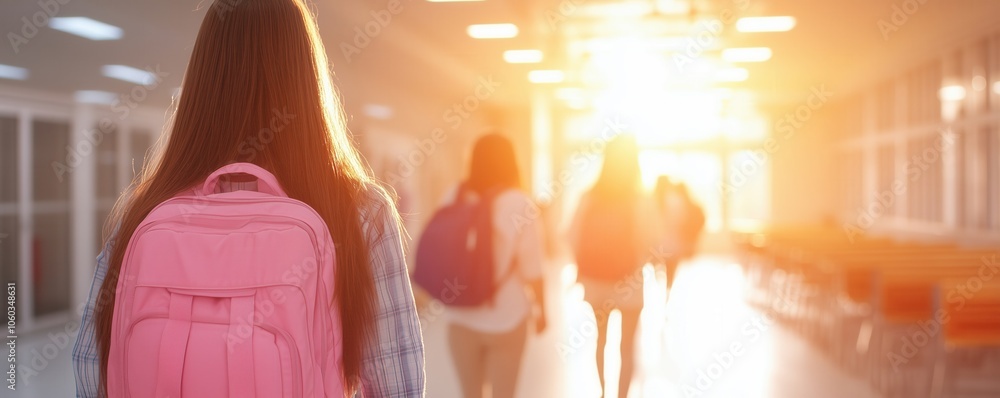 Fototapeta premium A student walking towards sunlight in a school corridor, carrying a pink backpack, warm glowing ambiance.