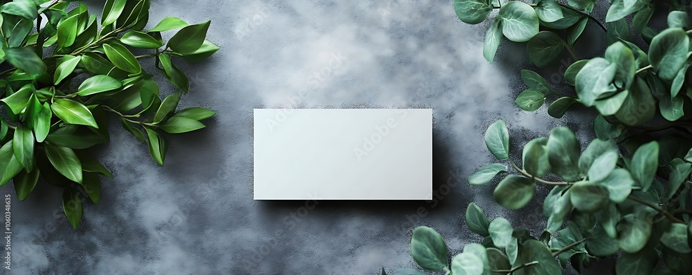A minimalist layout featuring a blank card surrounded by lush green leaves on a textured surface. A minimalist layout featuring a blank card surrounded by lush green leaves on a textured surface.