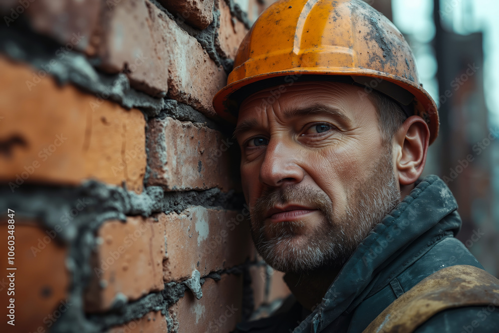 A man wearing a hard hat leaning against a brick wall A man wearing a hard hat leaning against a brick wall