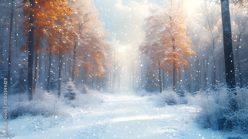 Snow-covered trees under a pale blue winter sky, road winding through a dense forest Snow-covered trees under a pale blue winter sky, road winding through a dense forest