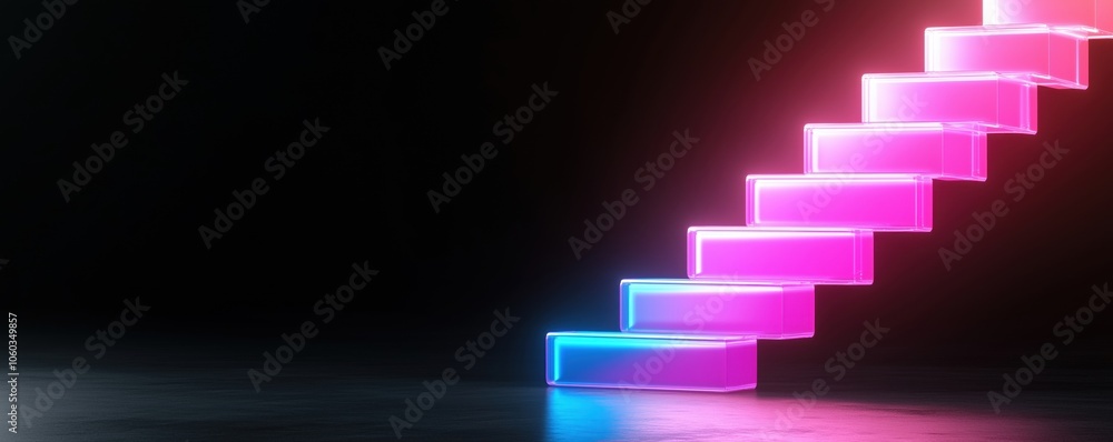 Fototapeta premium Colorful neon stairs glowing in a dark space, creating a modern and vibrant atmosphere.