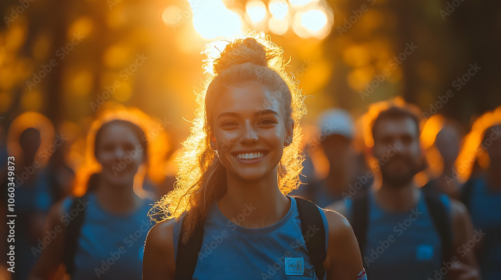 Smiling Woman in a Crowd of People at Sunset - Realistic Image Smiling Woman in a Crowd of People at Sunset - Realistic Image