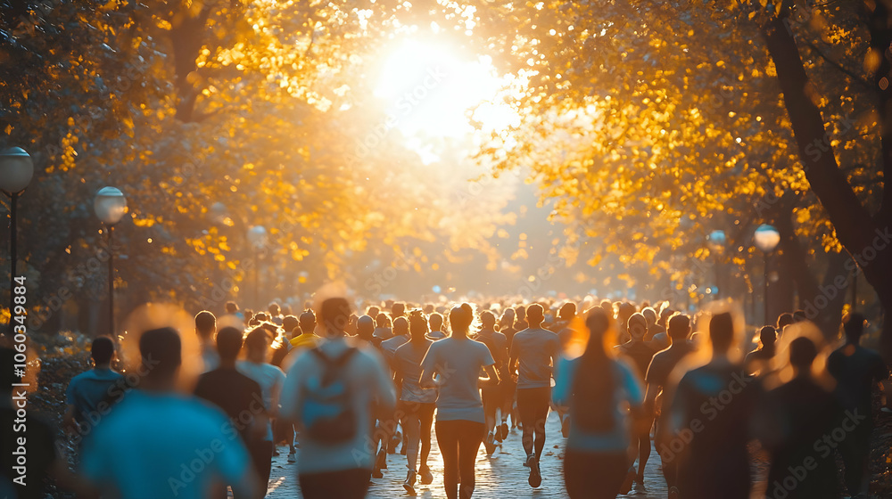 People Running Towards Golden Sunset in Park - Photo