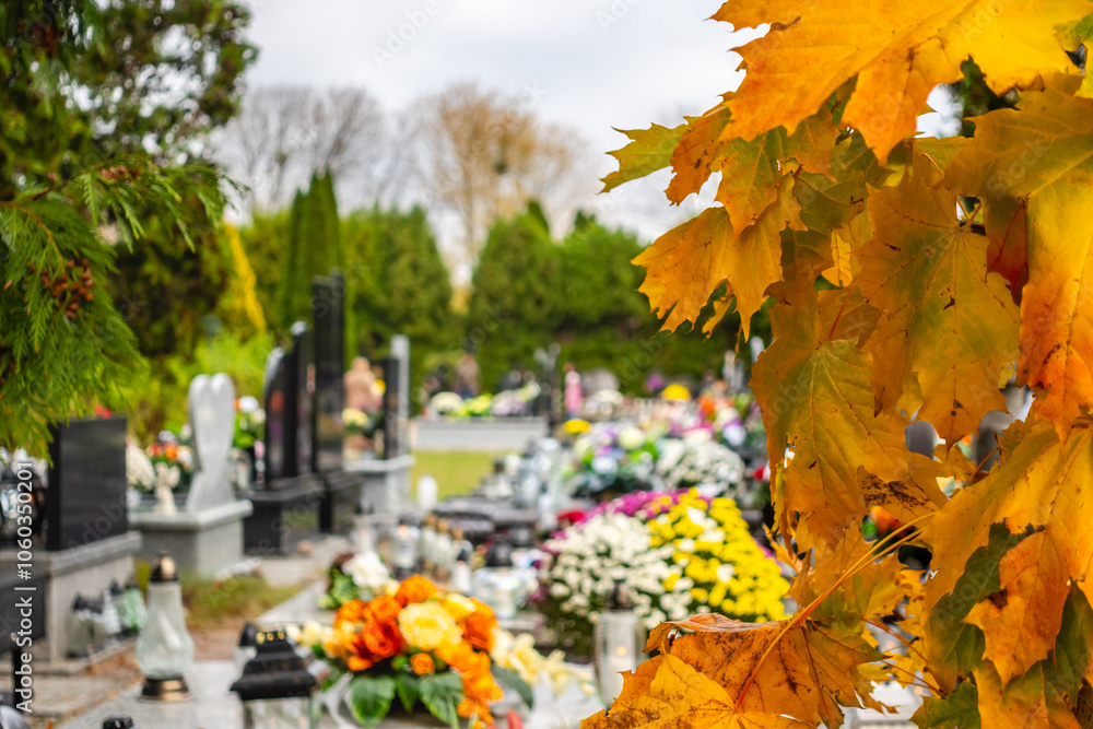 Graves with candles during the All Souls' Day celebration on November 1st. Golden, autumn leaves in the foreground. Photo taken during the day in natural light